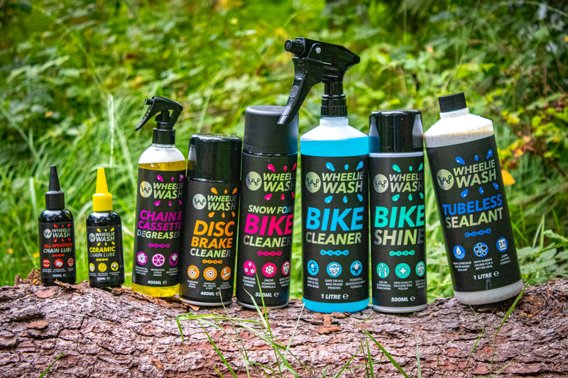 Wheelie wash cleaning products including bike cleaner, disc brake cleaner, snow foam, tubeless sealant, ceramic lube, bike shine, made in Poole dorset